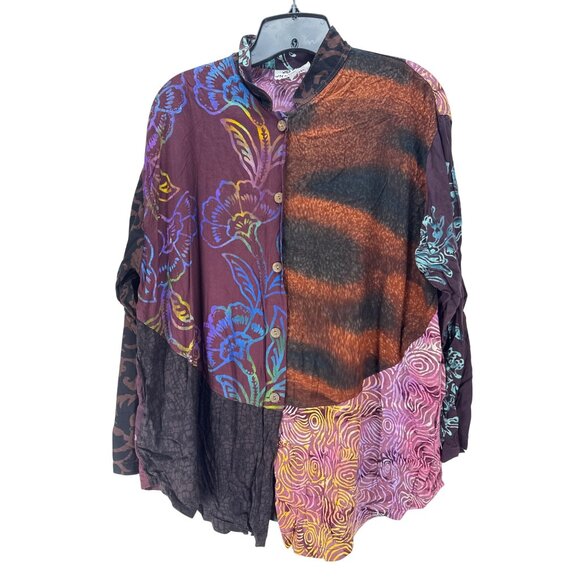 Wild Woman Patchwork Blouse XL Button Front Artsy Boho Flowy Top - Picture 1 of 6